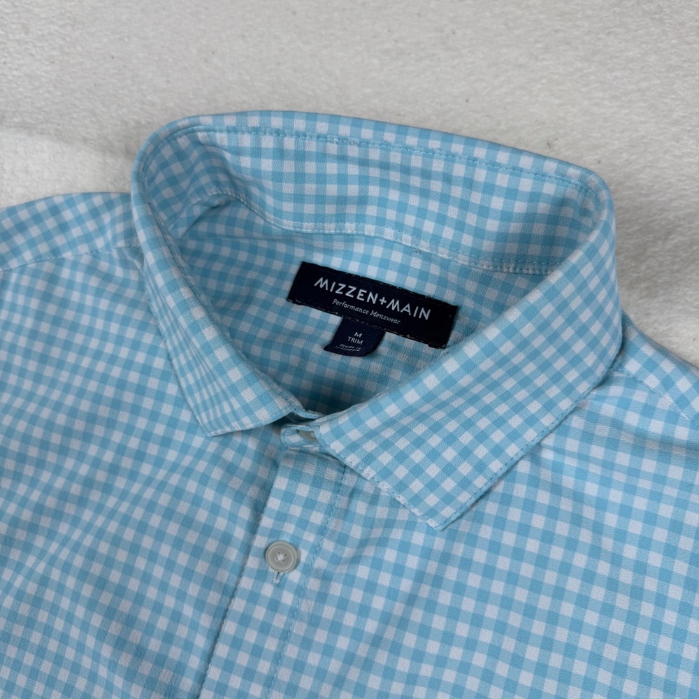 Mizzen + Main Trim Fit Gingham Performance Dress Shirt Blue White 1WS-0625 Men M